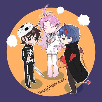 3boys alternate_costume antenna_hair black_cape black_pants blank_speech_bubble blue_eyes blue_hair brown_hair candy cape chinese_commentary closed_eyes commentary_request curtained_hair demon_horns demon_tail demon_wings english_text food halloween_bucket halloween_costume happy_halloween harada_minoru hatsutori_hajime highres holding holding_food horns long_hair long_sleeves male_focus mask mask_on_head mrkkaochang multiple_boys open_mouth outline pants parted_bangs parted_lips red_eyes red_shirt red_tail red_wings saibou_shinkyoku shirt short_hair shorts skeleton_costume smile speech_bubble tail thighhighs trap utsugi_noriyuki white_outline white_shirt white_shorts white_thighhighs wings wrapped_candy