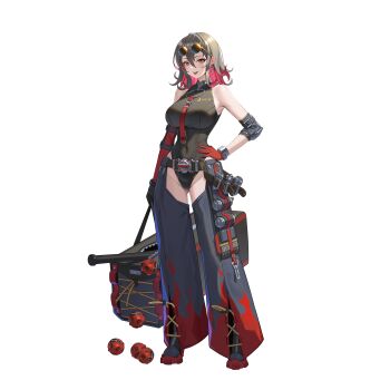 Rule 34 | 1girl, absurdres, arm strap, asymmetrical gloves, bag, bare shoulders, belt, black boots, black gloves, black hair, black leotard, boots, breasts, brown belt, chaps, colored inner hair, contrapposto, covered navel, diamond-shaped pupils, diamond (shape), elbow gloves, elbow pads, explosive, eyewear on head, flame print, full body, gloves, grenade, hair between eyes, hand on own hip, highleg, highleg leotard, highres, large breasts, leotard, looking at viewer, medium hair, mismatched gloves, multicolored hair, necktie, northman, o-ring necktie, open mouth, original, pink hair, red gloves, red necktie, round eyewear, simple background, smile, solo, standing, sunglasses, symbol-shaped pupils, tachi-e, two-tone hair, weapon request, white background, yellow eyes, zipper earrings