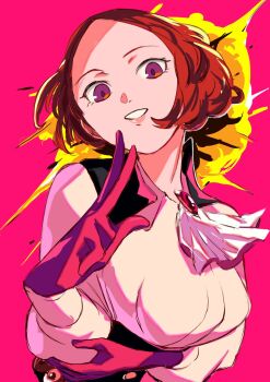 Rule 34 | 1girl, ascot, brown hair, explosion, gloves, grin, hashtag-only commentary, highres, looking at viewer, noir (persona 5), okumura haru, pekeponn, persona, persona 5, pink background, purple gloves, short hair, smile, solo, white ascot