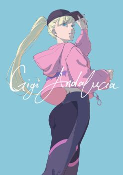 Rule 34 | 1girl, absurdres, aqua background, black hat, black pants, blonde hair, blue eyes, character name, gigi andalusia, gundam, gundam hathaway's flash, hat, high ponytail, highres, hood, hooded jacket, jacket, long sleeves, mitarashi (5333069), pants, parted lips, pink jacket, pink nails, ponytail, puffy long sleeves, puffy sleeves, solo, teeth