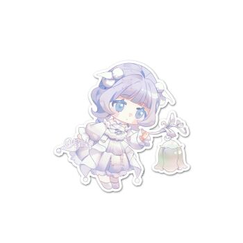 1girl artist_name bare_shoulders blue_eyes blunt_bangs blush_stickers boots chibi chinese_commentary choker closed_mouth colored_eyelashes commentary_request cross-laced_clothes cross-laced_dress detached_sleeves dress expressionless frilled_sleeves frills grey_hair hair_ornament highres holding holding_lantern infinity_nikki lantern leaf_hair_ornament leaning_forward long_hair long_sleeves looking_ahead low_twintails medium_dress nightlight_whispers_(infinity_nikki) nikki_(series) outline pom_pom_(clothes) pom_pom_hair_ornament puffy_long_sleeves puffy_sleeves simple_background solo standing strapless strapless_dress tareme twintails very_long_hair white_background white_boots white_choker white_dress white_outline white_sleeves yuqing99999