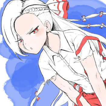 Rule 34 | alternate hairstyle, blush, braid, bright pupils, closed mouth, collared shirt, commentary request, eyelashes, fujiwara no mokou, hair between eyes, hair ribbon, highres, iejima (xmfqiejm), long hair, multiple braids, overalls, red eyes, red overalls, ribbon, shirt, torn clothes, torn sleeves, touhou, undercut, white hair, white pupils, white ribbon, white shirt