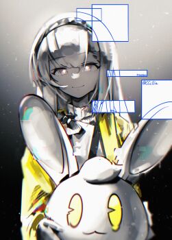 1girl absurdres arknights arknights:_endfield chinese_commentary closed_mouth commentary_request diamond-shaped_pupils diamond_(shape) glitch hairband highres holding_mascot_head light_particles long_hair long_sleeves looking_at_viewer lucky_carrot_(arknights) mascot_head partially_colored priestess_(arknights) purple_eyes rabbit_head sakuratani_hane smile solo sweater symbol-shaped_pupils turtleneck turtleneck_sweater upper_body