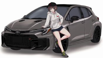1girl bare_legs baseball_cap black_hat blue_eyes blush brown_hair car closed_mouth denim denim_shorts hat highres hood hoodie leaning_on_object looking_at_viewer mioda_y motor_vehicle original shoes short_hair shorts simple_background smile sneakers solo white_background white_hoodie