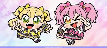 Rule 34 | 2girls, :d, ;d, belt, belt buckle, bkub, black shoes, black skirt, blonde hair, blush stickers, bow, buckle, chibi, chibi only, commentary request, company name, copyright notice, detached collar, dot nose, double v, fang, fangs, full body, green eyes, hair between eyes, hair bow, holding, holding microphone, idolmaster, idolmaster cinderella girls, idolmaster cinderella girls starlight stage, jacket, jougasaki mika, jougasaki rika, long hair, looking at viewer, microphone, multiple girls, necktie, official art, one eye closed, open clothes, open jacket, open mouth, pink bow, pink hair, pink necktie, pink shirt, shirt, shoes, short sleeves, siblings, sisters, skirt, smile, thighhighs, triangle mouth, twintails, two side up, v, v-shaped eyebrows, white belt, white jacket, white thighhighs, white wrist cuffs, wrist cuffs, yellow bow, yellow eyes, yellow necktie, yellow shirt