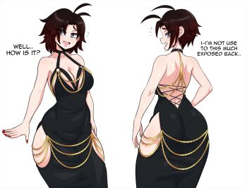 1girl absurdres ahoge ass back_cutout black_dress black_hair blush breasts choker cleavage clothing_cutout collarbone dress english_text gradient_hair highres hip_vent in_the_dress_(meme) kinathefox large_breasts modakawa_dress multicolored_hair open_mouth red_hair ruby_rose rwby short_hair smile solo thick_thighs thighs white_background wide_hips