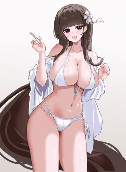 1girl :d absurdly_long_hair absurdres azur_lane bikini blunt_bangs blush breasts brown_eyes brown_hair collarbone commentary_request flower hair_flower hair_ornament hais hands_up highres large_breasts long_hair multi-strapped_bikini_bottom navel official_alternate_costume open_mouth side-tie_bikini_bottom simple_background smile solo stomach swimsuit very_long_hair white_background white_bikini white_flower yat_sen_(azur_lane) yat_sen_(pristine_waves_embrace_the_wind)_(azur_lane)