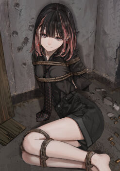 1girl absurdres barefoot black_hair bound breasts bullet_hole commission ear_piercing expressionless hashimoto_kokai highres looking_at_viewer multicolored_hair necktie original piercing pink_eyes pink_hair restrained rope shell_casing shorts skeb_commission small_breasts solo tied_up_(nonsexual) two-tone_hair