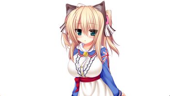 1girl :o ahoge animal_ears aqua_eyes blonde_hair blush breasts cat_ears dress game_cg hair_between_eyes hair_ornament hair_ribbon hooded_dress large_breasts large_variant_set long_hair long_sleeves non-web_source red_sash ribbon sash sidelocks simple_background solo standing syroh tachi-e tania_helvellyn two_side_up upper_body variant_set white_background white_ribbon yakimochi_stream