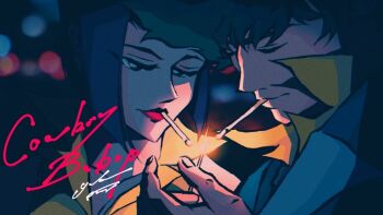 Rule 34 | 1boy, 1girl, cigarette, cowboy bebop, faye valentine, fire, girigiri yukka, lipstick, makeup, messy hair, shirt, spike spiegel, upper body, yellow shirt