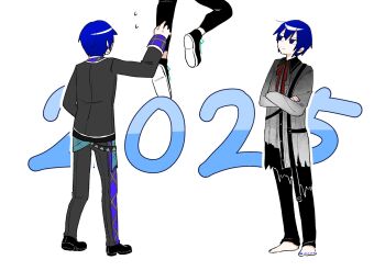 2025 25-ji_kaito 3boys barefoot belt black_jacket black_pants black_shoes blue_eyes blue_hair blue_nails closed_mouth collared_shirt crossed_arms flying_sweatdrops frilled_shirt frills full_body gradient_clothes gradient_shirt grey_shirt hair_between_eyes highres jacket kaito_(vocaloid) leo/need_kaito long_sleeves looking_at_another looking_up male_focus multiple_boys multiple_persona nail_polish neck_ribbon out_of_frame outline pants plaid_clothes plaid_wrist_cuffs project_sekai red_ribbon ribbon ryoseiperiodo shirt shoes short_hair sidelocks simple_background standing torn_clothes torn_shirt very_short_hair vivid_bad_squad_kaito vocaloid white_background white_outline wrist_cuffs