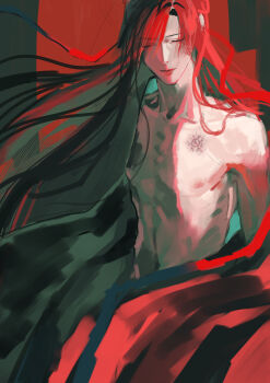 1boy abs absurdres actcat3 bare_pectorals bishounen black_hair black_hanfu branded chinese_clothes closed_eyes closed_mouth collarbone hair_down hair_ribbon half_updo hanfu highres long_hair male_focus modao_zushi navel nipples official_alternate_hairstyle open_clothes open_robe pectorals red_background red_light red_ribbon red_theme ribbon robe scar scar_on_chest solo topless_male very_long_hair wei_wuxian wei_wuxian_(yiling_laozu)