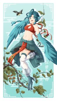 1girl absurdres animal animal_ears bare_shoulders bird bird_ears bird_legs blue_background blue_eyes blue_feathers blue_hair blue_wings branch breasts chouhen_huanhua_cheng_haiyang commentary_request criss-cross_halter egasumi feathered_wings feathers halterneck harpy highres leggings looking_at_viewer midriff monster_girl navel open_mouth original small_breasts solo talons white_leggings winged_arms wings