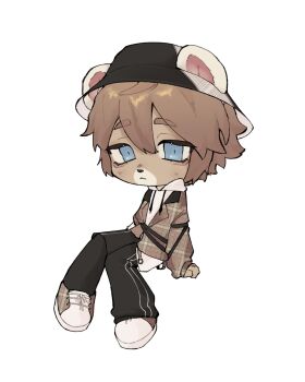 :< absurdres asymmetrical_clothes asymmetrical_legwear bear_boy black_pants black_shorts blazer blue_eyes brown_fur brown_hair brown_shoes bucket_hat commission commissioner_upload furry furry_male hat highres hood hoodie jacket mari_(maril33)_(bear) non-web_source original pants poohooyoohoo shoes shorts white_fur white_shoes