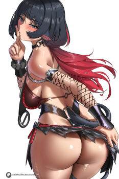 1girl absurdres alternate_eye_color animal_ears ass black_hair blue_eyes breasts commentary enma_(enmanuelart) finger_to_mouth fishnet_sleeves fishnets from_behind gradient_hair highres jane_doe_(nocturne_of_light)_(zenless_zone_zero) jane_doe_(zenless_zone_zero) large_breasts long_hair looking_at_viewer looking_back mouse_ears mouse_girl mouse_tail multicolored_hair o-ring o-ring_swimsuit official_alternate_costume one-piece_swimsuit red_hair red_nails shushing solo swimsuit tail white_background zenless_zone_zero