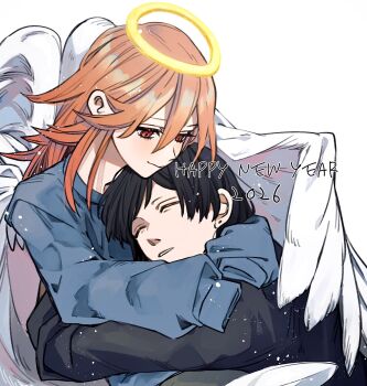 2026 2boys androgynous angel_devil_(chainsaw_man) angel_wings arm_around_back arms_around_neck black_hair black_sweater blue_sweater brown_hair chainsaw_man closed_eyes commentary_request earrings feathered_wings hair_between_eyes halo happy_new_year hayakawa_aki highres hug jewelry light_blush long_hair male_focus miyamiyammm multiple_boys new_year parted_lips red_eyes sleeves_past_fingers sleeves_past_wrists smile stud_earrings sweater traditional_halo upper_body white_background white_wings wings yaoi