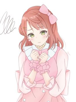 1girl :t bead_choker beads blush braid buchiko_(shakishaki25726) bun_with_braided_base closed_mouth commentary dream_with_you_(love_live!) frilled_sleeves frills green_eyes hair_bun half_updo hashtag-only_commentary highres looking_at_viewer love_live! love_live!_nijigasaki_high_school_idol_club medium_hair official_alternate_costume pink_hair pout side_part simple_background single_side_bun solo squiggle three-quarter_sleeves uehara_ayumu upper_body white_background