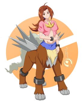 1girl absurdres artist_name bracelet breasts brown_eyes brown_hair delia_ketchum entei gen_2_pokemon highres jewelry legendary_pokemon looking_at_viewer medium_breasts midriff monsterification nintendo orcaleon pink_shirt poke_ball_symbol pokemon pokemon_(anime) pokemon_(classic_anime) shirt short_sleeves smile solo taur