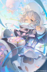Rule 34 | 1girl, :o, absurdres, black capelet, black dress, blue eyes, blue nails, blue ribbon, blurry, capelet, cherry blossoms, child, confetti, cookie run, cotton cookie, dappled sunlight, day, depth of field, dress, falling flower, falling petals, feet out of frame, flower, fur-trimmed dress, fur-trimmed sleeves, fur scarf, fur trim, glowing, hair between eyes, hat, highres, holding, holding lantern, humanization, lantern, long sleeves, looking at viewer, nail polish, petals, pink flower, ribbon, sheep, short hair, sideways glance, solo, standing, streamers, sunlight, weibo logo, weibo watermark, white hair, white hat, zhishi siji qing max