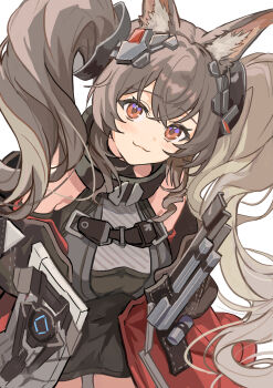 1girl :3 absurdres angelina_(arknights) animal_ear_fluff animal_ears arknights arknights:_endfield bare_shoulders blush brown_hair coat commentary dot_nose dress fox_ears fox_girl gilberta_(arknights) grey_dress hair_intakes headgear high_collar highres impossible_clothes impossible_dress leaning_forward long_hair long_sleeves looking_at_viewer off_shoulder open_clothes open_coat orange_eyes red_coat simple_background sleeveless sleeveless_dress solo touchika twintails very_long_hair white_background