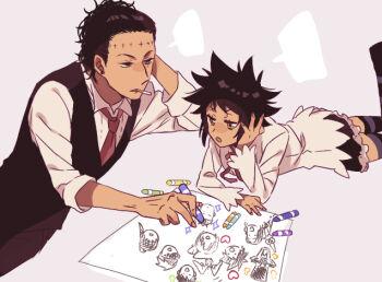 1boy 1girl black_pants black_skirt black_vest blank_speech_bubble brown_hair cigarette collared_shirt commentary_request crayon crayon_drawing d.gray-man dress_shirt earrings facial_mark feet_out_of_frame forehead_mark frilled_skirt frills frown grey_background hair_slicked_back hand_on_ground hand_on_own_head holding holding_crayon iyo_(kurumiwarin) jewelry long_sleeves looking_at_object looking_down lying mature_male miniskirt mole mole_under_eye multicolored_thighhighs necktie noah_(d.gray-man) on_side on_stomach pants paper parted_lips purple_thighhighs red_necktie red_ribbon ribbon road_kamelot shirt short_hair sidelocks simple_background single_earring skirt sleeves_rolled_up speech_bubble spiked_hair stitched_forehead striped_clothes striped_thighhighs stud_earrings thighhighs thighs two-tone_thighhighs tyki_mikk unlit_cigarette_in_mouth vest white_shirt yellow_eyes zettai_ryouiki