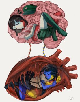 2girls black_hair blue_skin blunt_bangs blunt_ends bob_cut brain colored_skin cubism ena:_dream_bbq ena_(dream_bbq) ena_(ena) ena_(series) ena_(species) ena_(web_series) floating_head green_hat hat heart_(organ) highres low_poly meanie_ena multicolored_skin multiple_girls red_skin sad_ena shirt short_sleeves simple_background sleeping split-color_skin two-tone_skin usagimarumei yellow_skin