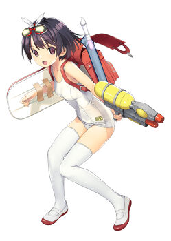 1girl :d backpack bag bare_shoulders black_hair breasts brown_eyes commentary_request flute full_body glowing goggles goggles_on_head gundam hair_ribbon holding instrument kickboard koutaro looking_at_viewer old_school_swimsuit one-piece_swimsuit open_mouth original outstretched_arm randoseru recorder ribbon school_swimsuit shoes simple_background small_breasts smile solo standing swimsuit tape thighhighs uwabaki water_gun white_background white_one-piece_swimsuit white_ribbon white_shoes white_thighhighs
