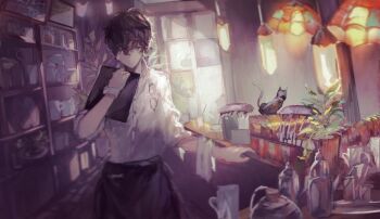 Rule 34 | 10s, 1boy, amamiya ren, apron, black hair, cat, glasses, indoors, lamp, morgana (persona 5), ori (momonimo), persona, persona 5, reflection, shelf, short hair, smile, standing, teapot, waist apron, waiter, wrist cuffs