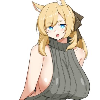 1girl :d absurdres animal_ear_fluff animal_ears arknights bare_shoulders blonde_hair blue_eyes breasts bright_pupils eyes_visible_through_hair fang grey_sweater hashtag-only_commentary highres huge_breasts looking_at_viewer medium_hair open_mouth ribbed_sweater sideboob simple_background skin_fang sleeveless sleeveless_sweater smile solo sweater turtleneck turtleneck_sweater upper_body whislash_(arknights) white_background white_pupils xibu_cai