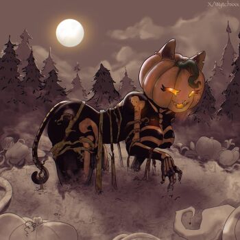 1girl all_fours animal_ears artist_name breasts breath cat_ears cat_girl cat_tail claws creature dirty forest fortnite full_moon glowing grey_background halloween halloween_costume heart heart-shaped_pupils highres jack-o&#039;-lantern large_breasts monster monster_girl moon nature night outdoors plant pumpkin pumpkin_head sexually_suggestive skeleton_costume skin_tight solo solo_focus spice spice_(fortnite) symbol-shaped_pupils tail thick_thighs thighs tight_clothes vines wytch