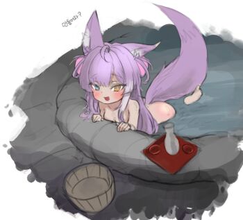Rule 34 | 1girl, ahoge, alcohol, animal ear fluff, animal ears, ass, blue eyes, blush, bottle, breasts, bucket, commentary request, cup, heterochromia, jeong ya, korean commentary, korean text, long hair, looking at viewer, nude, onsen, open mouth, purple hair, purple tail, sakazuki, sake, sake bottle, small breasts, smile, solo, stellive, tail, tenko shibuki, virtual youtuber, wolf ears, wolf girl, wolf tail, yellow eyes