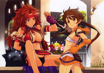 00s 2girls absurdres breasts brown_hair cleavage elbow_gloves flat_chest food forest_keeper_nowa fruit gloves grapes highres large_breasts monkey multiple_girls no_panties nowa_(queen's_blade) nowa_(queen's_blade) queen's_blade red_hair risty_(queen's_blade) risty_(queen's_blade) ruu_(queen's_blade) staff twintails wilderness_bandit_risty