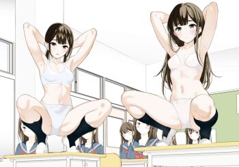 6+girls armpits arms_up blue_sailor_collar blue_shirt blue_socks bow bowtie bra breasts brown_hair classroom closed_mouth commentary_request commission crotch_seam desk double-parted_bangs embarrassed exhibitionism grey_eyes highres humiliation indoors large_variant_set long_hair looking_at_viewer medium_breasts medium_hair multiple_girls navel on_desk original panties parted_bangs parted_lips pixiv_commission public_indecency raised_inner_eyebrows red_bow red_bowtie ribbed_socks ribs sailor_collar school_desk school_uniform secret_dmain shirt shoes sitting socks sports_bra squatting stomach straight_hair underwear underwear_only uwabaki variant_set white_bra white_panties white_shoes white_sports_bra