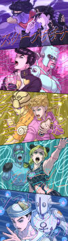1girl 4boys absurdres anchor_symbol aqua_eyes arm_tattoo birthmark black_hair black_hat blonde_hair blue_eyes braid braided_ponytail breasts bubble bun_with_braided_base chain commentary_request cone_hair_bun crazy_diamond diamond_wa_kudakenai dixie_cup_hat double_bun earrings gakuran giorno_giovanna gold_experience green_hair green_lips hair_bun hand_on_own_chest hat heart higashikata_josuke highres hokkyoku_(uuunnoo2) jewelry joestar_birthmark jojo_no_kimyou_na_bouken jojolion kuujou_jolyne kuujou_joutarou medium_breasts midriff military_hat multicolored_hair multiple_boys open_mouth pompadour sailor_collar school_uniform soft_&amp;_wet stand_(jojo) star_platinum stardust_crusaders stone_free stone_ocean stud_earrings tattoo two-tone_hair vento_aureo white_sailor_collar