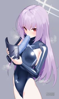 blue_archive breasts brown_eyes dildo_under_mask gas_mask latex latex_leotard leotard liquid long_hair maguro27 mask purple_hair small_breasts