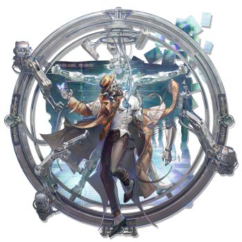 1boy arknights brown_coat brown_hat brown_pants bug butterfly coat diagonal-striped_clothes diagonal-striped_necktie facial_hair floating_clothes formal_clothes full_body glitch hanging hat highres insect male_focus mustache necktie official_art pants pipe_in_mouth red_necktie robot shutun simple_background single_suspender_hanging smoking_pipe solo striped_clothes suspender_pants suspenders third-party_source tin_man_(arknights) transparent_background trench_coat