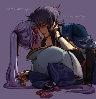 Rule 34 | 1boy, 1girl, alternate skin color, armor, armpit crease, artist name, ayaka (genshin impact), black bodysuit, black bridal gauntlets, black nails, blue cape, blue sleeves, blunt ends, blunt tresses, blush, bodysuit, boy on top, bridal gauntlets, cape, chinese knot, closed eyes, comforting, commentary, couple, crying, cryo symbol (genshin impact), dark-skinned male, dark skin, darkened skin, doll joints, english text, eyachim, eyelashes, eyeliner, facing another, fingernails, genshin impact, gold ring, gold trim, grey hair, hair tie, hands on another's face, hetero, high ponytail, highres, japanese armor, japanese clothes, jinbaori, joints, kimono, kiss, kissing cheek, kote, kurokote, layered sleeves, lying, makeup, middle ring, mole, mole on neck, mole on shoulder, multicolored hair, obi, on back, parted lips, ponytail, purple background, purple hair, red eyeliner, sash, scaramouche (genshin impact), short sleeves, side cape, single bare shoulder, single off shoulder, snowflake print, streaked hair, sweat, tassel, tears, vision (genshin impact), wanderer (genshin impact), white hair, white kimono, white mouth, white sleeves
