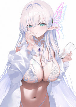 1girl absurdly_long_hair absurdres albion_(a_fairy-tale_breakfast)_(azur_lane) albion_(azur_lane) azur_lane bare_shoulders blush bra breasts bug butterfly butterfly_hair_ornament cleavage cup food_on_body food_on_breasts hair_between_eyes hair_ornament highres holding holding_cup insect large_breasts long_hair looking_at_viewer messy milk official_alternate_costume pointy_ears purple_butterfly see-through_bra see-through_butterfly see-through_clothes see-through_hair_ornament shirt solo spilled_milk suggestive_fluid tongue tongue_out underwear very_long_hair white_bra white_hair white_shirt yaoku