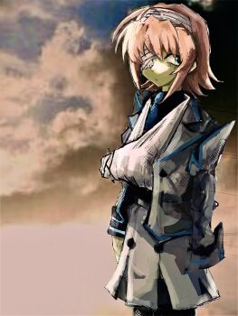 1girl ahoge arm_sling bandage_over_one_eye bandaged_arm bandaged_head bandages black_pantyhose black_shirt blue_necktie broken_arm gauze gauze_over_eye green_eyes grey_jacket grey_skirt hairband highres injury jacket jacket_partially_removed kakuyasu military_uniform muv-luv muv-luv_alternative necktie orange_hair pantyhose scene_reference shirt short_hair skirt solo spoilers suzumiya_akane un_uniform_(muv-luv)