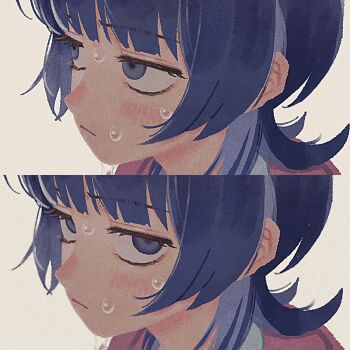 1girl :/ blue_eyes blue_hair blush close-up closed_mouth eyelashes fujii_ayame furrowed_brow futsuu_no_keion-bu highres jacket jitome kunitarou-art looking_at_viewer looking_to_the_side multiple_views nose_blush pink_jacket portrait sanpaku sequential shirt short_hair simple_background sweat white_shirt wolf_cut