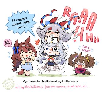 Rule 34 | > <, 4girls, ahoge, animal ears, belt, blue hairband, blue sailor collar, blue skirt, bow, bowtie, braid, breasts, broken mask, brooch, brown hair, chibi, chibi only, closed eyes, commentary, crack, cracked kawaii mask, cracked mask, crying, ear covers, ear ornament, english commentary, english text, fang, grey hair, grey tail, hair between eyes, hair ornament, hairband, hands on own face, headband, highres, hood, hoodie, horse ears, horse girl, horse tail, inari one (casual) (umamusume), inari one (umamusume), jewelry, long hair, long sleeves, mask, mask on head, multicolored hair, multiple girls, neckerchief, o o, oguri cap (starlight beat) (umamusume), oguri cap (umamusume), open mouth, pink bow, pink bowtie, pink hoodie, pleated skirt, red headband, red hoodie, red neckerchief, sailor collar, sailor shirt, shibedraws, shirt, skin fang, skirt, speech bubble, star brooch, streaked hair, striped clothes, striped hairband, super creek (casual) (umamusume), super creek (umamusume), sweat, tail, tamamo cross (casual) (umamusume), tamamo cross (umamusume), tearing up, teeth, twintails, umamusume, umamusume: cinderella gray, very long hair, white hair, white shirt