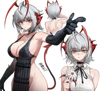 1girl ahoge arknights bare_shoulders black_choker black_dress black_gloves blush breasts chainsaw chainsaw_man choker cleavage commentary cosplay dress elbow_gloves gloves grey_hair highres horns large_breasts looking_at_viewer mildt multiple_views neck_ribbon orange_eyes reze_(chainsaw_man) reze_(chainsaw_man)_(cosplay) ribbon romaji_text shirt simple_background sleeveless sleeveless_shirt sweat w_(arknights) white_background white_shirt