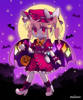 Rule 34 | 1girl, alternate costume, artist name, bad id, bad pixiv id, bat (animal), blonde hair, bow, bowtie, cape, closed mouth, commentary request, crystal, crystal wings, dress, drill hair, fang, fang out, flandre scarlet, full body, full moon, halloween, halloween bucket, halloween costume, hat, hat bow, high heels, highres, jack-o'-lantern, long hair, maa (forsythia1729), mob cap, moon, multicolored wings, one side up, orange bow, orange bowtie, purple cape, purple sky, red dress, red eyes, red hat, shoes, sky, smile, solo, touhou, white bow, white shoes, wings, wrist cuffs