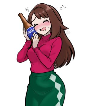 1girl absurdres alcohol alternate_hair_length alternate_hairstyle artist_name beer beer_bottle blush bottle brown_hair closed_eyes commentary drooling drunk english_commentary gloria_(pokemon) green_pants highres holding holding_bottle long_hair long_sleeves muis0802 nintendo open_mouth pants pink_sweater pokemon pokemon_swsh simple_background smile solo squeans sweater turtleneck turtleneck_sweater white_background