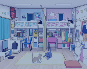 1boy 1girl absurdly_detailed_composition age_difference backpack bag bed bedroom black_hair brother_and_sister bunk_bed cat chair closed_eyes clothes_hanger curtains dark kiyo_(kyokyo1220) lamp loaded_interior loli night original randoseru shelf shota siblings sleeping tagme television