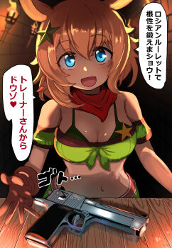 Rule 34 | 1girl, :d, animal ears, blue eyes, breasts, cleavage, commentary request, desert eagle, gun, handgun, highres, horse ears, horse girl, large breasts, open mouth, smile, solo, speech bubble, taiki shuttle (umamusume), taiki shuttle (wild frontier) (umamusume), translation request, tsukusawa (tukunesour), umamusume, weapon
