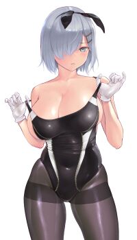 Rule 34 | 1girl, absurdres, black one-piece swimsuit, black pantyhose, blue eyes, breasts, cleavage, clothes pull, commentary request, competition swimsuit, cowboy shot, fine fabric emphasis, gloves, grey hair, hair ornament, hair over one eye, hairclip, hamakaze (kancolle), highres, kantai collection, large breasts, legs apart, one-piece swimsuit, one-piece swimsuit pull, pantyhose, pantyhose under swimsuit, playboy bunny swimsuit, short hair, simple background, solo, standing, swimsuit, thighband pantyhose, wa (genryusui), wet, wet clothes, wet swimsuit, white background, white gloves