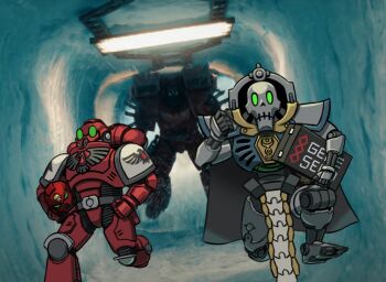 3boys adeptus_astartes armor astartes_(web_animation) blood_angels blood_ravens cape chibi jetpack multiple_boys necron power_armor robot running running_towards_viewer screenshot_background skeleton skull thegraffitisoul tunnel warhammer_40k