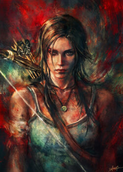 1girl bow_(weapon) brown_eyes brown_hair female_focus gradient_background highres lara_croft long_hair looking_at_viewer portrait realistic solo tomb_raider tomb_raider_(reboot) weapon