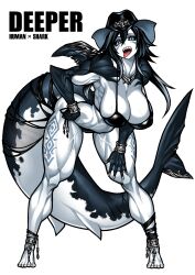 1girl absurdres anklet barefoot bent_over biceps bikini black_bikini black_hair black_sclera black_skin breasts cleavage colored_sclera colored_skin colored_tips commentary_request cowboy_hat deltoids english_text facial_mark fin_piercing fingernails fins fish_girl fish_tail full_body grey_background grey_eyes grey_hair hair_between_eyes hand_on_own_hip hat highres huge_breasts jewelry leg_tattoo long_tail looking_at_viewer multicolored_hair multicolored_skin muscular muscular_female necklace open_mouth original piercing shark_fin shark_girl shark_tail sharp_fingernails sharp_teeth side-tie_bikini_bottom slit_pupils solo spaghetti_strap strap_gap swimsuit tail tail_ornament tattoo teeth thick_thighs thighs toe_ring toes tongue tongue_out triceps two-tone_hair two-tone_skin veins veiny_arms veiny_breasts veiny_thighs webbed_hands white_skin yotaro